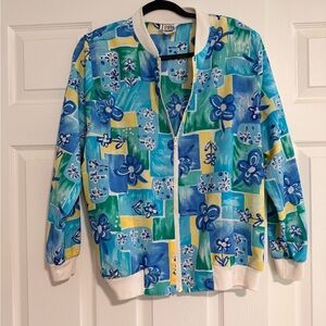 Floral Print Blue & Green Zip-Front windbreaker Jacket